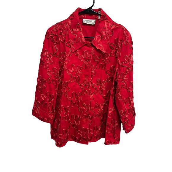 Simonton Says Floral Button Front 3/4 Sleeve Jacket Red Sz Large Boho Holiday - Picture 1 of 10